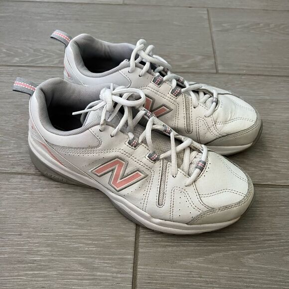 NEW BALANCE 608 WOMENS ATHLETIC SNEAKERS 9 WHITE LEATHER WALKING DAD SHOES PINK - Picture 1 of 9